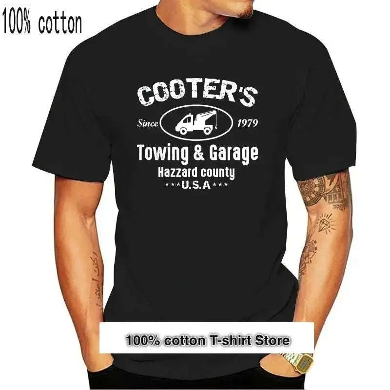 100% cotton black t-shirt with Cooter's Towing & Garage print, inspired by Dukes of Hazzard.