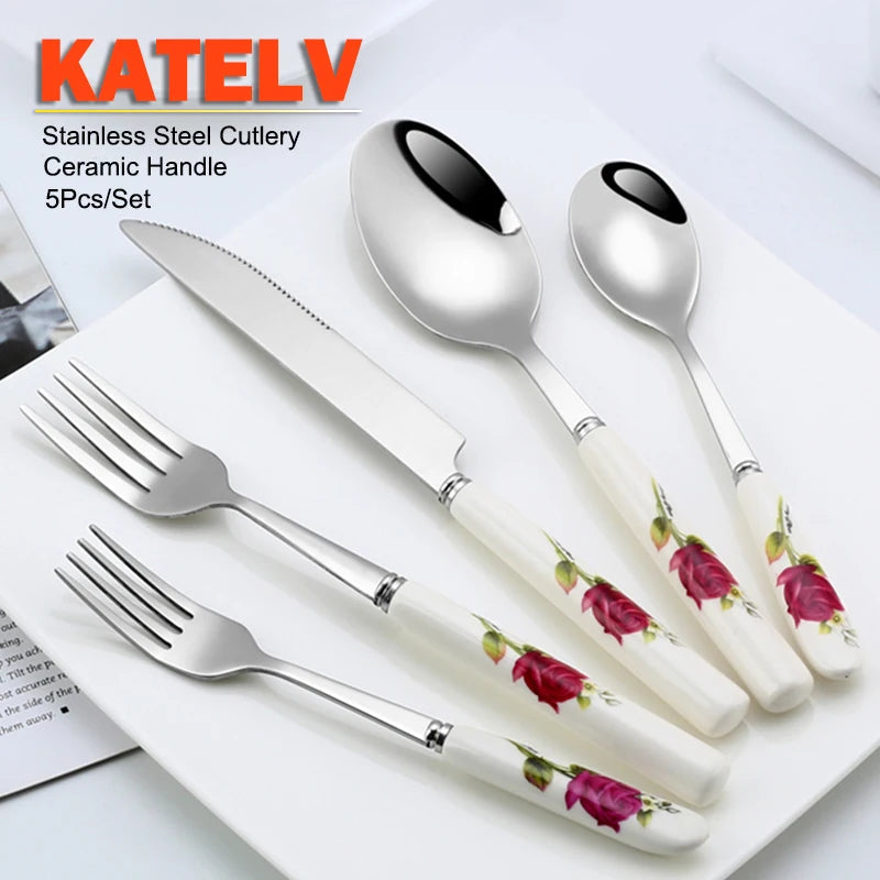Ceramic Handle Tableware Set Stainless Steel Cutlery Set Steak Knife Fork Coffee Spoon Dessert Dinnerware Rose Flowers Pattern Good Vibrations
