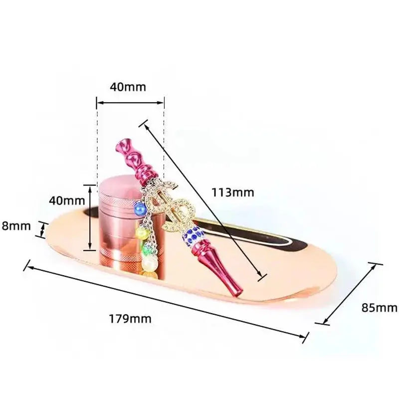 Tobacco kit metal rolling tray combo with spice grinder and accessories, dimensions labeled.