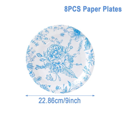 Blue Floral Disposable Tableware Paper Plate Birthday Party Decor Kids Boy Wedding Birthday Party Supplies Favors Baby Shower Good Vibrations