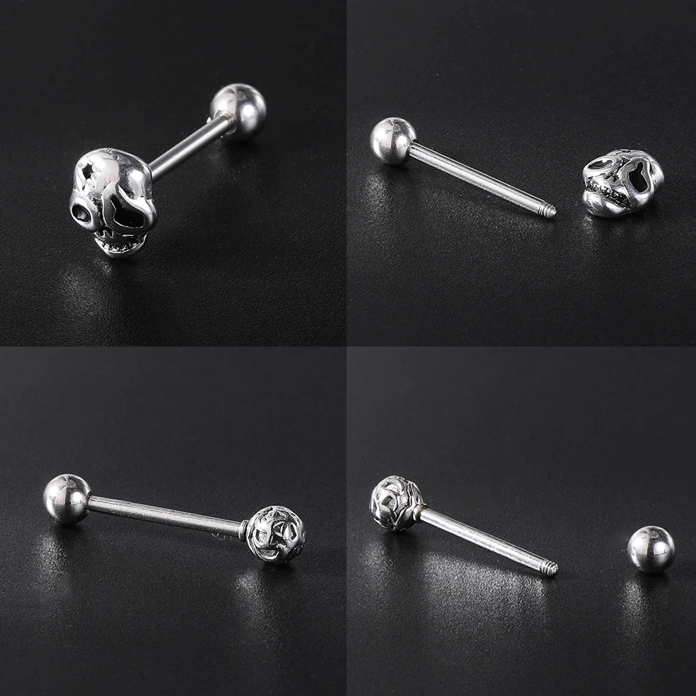 ZS 1Piece 14G Oil Luminescence Tongue Piercing Rings Stainless Steel Tongue Stud Skull Star Studs Earrings BCR Piercings Jewelry Good Vibrations Adult Super Store