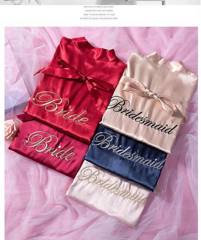 Bride Bridesmaid Wedding Robe Embroidery Kimono Bathrobe Gown Nightgown Casual Satin Short Women Sexy Nightwear Sleepwear Good Vibrations