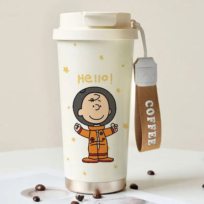 Cartoon Cute Snoopy Anime Peripheral Thermos Cup Women's Heart Stainless Steel Large Capacity Coffee Cup Straw Water Cup Gift Good Vibrations