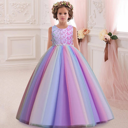 Girls' sleeveless Flower Girl Wedding Dress petal embroidery Long Dress Girls' dance performance model walk show art dress Good Vibrations