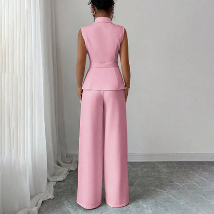 Women's Elegant 2 Piece Outfit Sleeveless V-Neck Single Button Blazer Vest and Wide Leg Pants Set Business Office Workwear Sui Good Vibrations