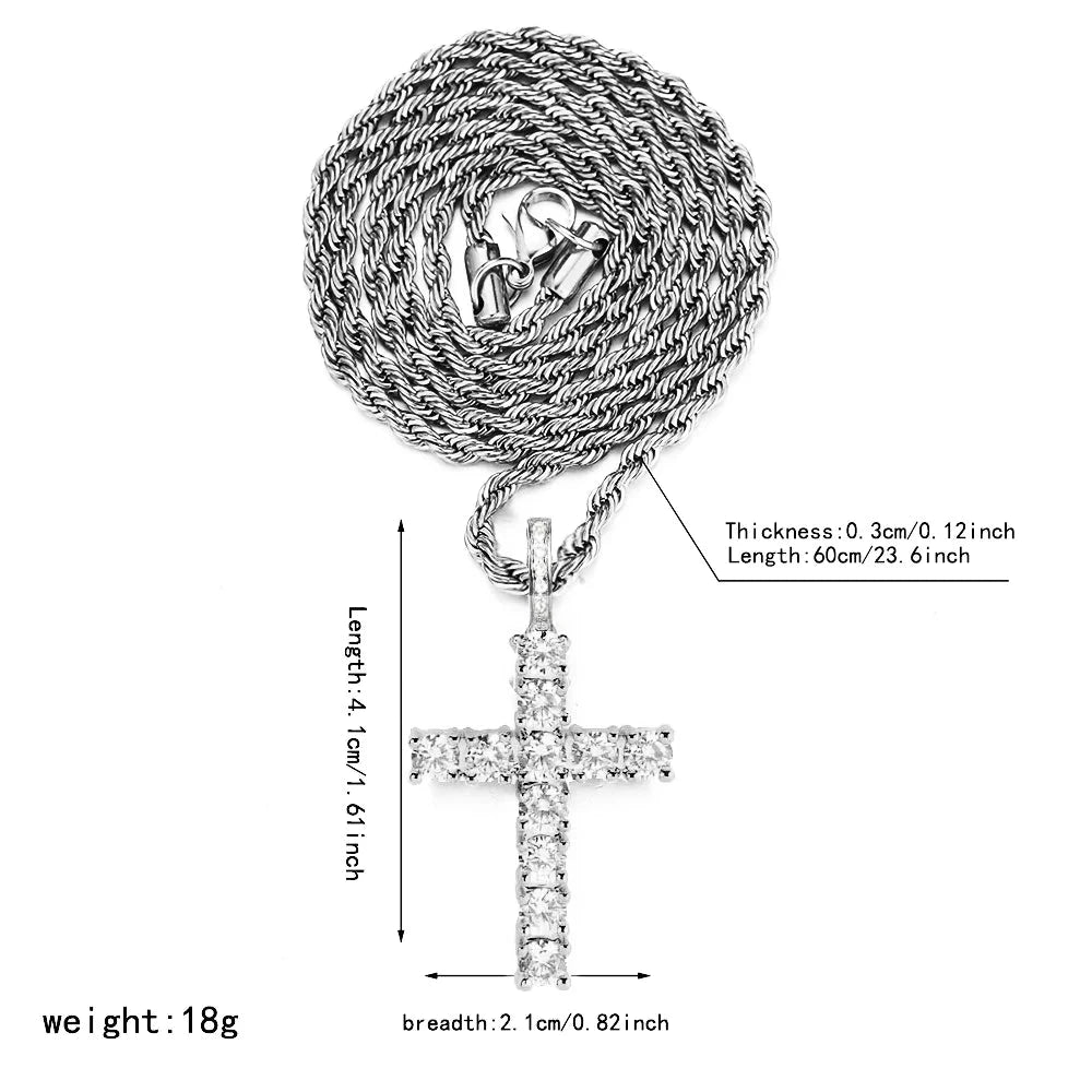 Iced Out Crystal Zircon Cross Pendant Necklace Silver Plated Twisted Chain Necklaces For Men Women Good Vibrations