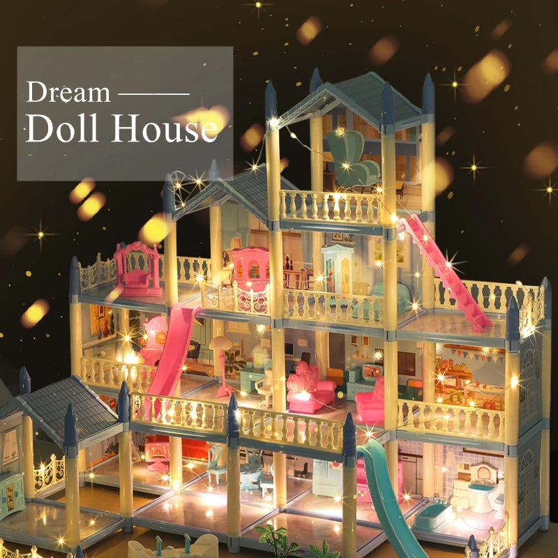 Doll Houses 3D Assembled DIY Miniatures Dollhouse Accessories Villa Princess Castle with LED Light Girl Birthday Gift Toy House Good Vibrations