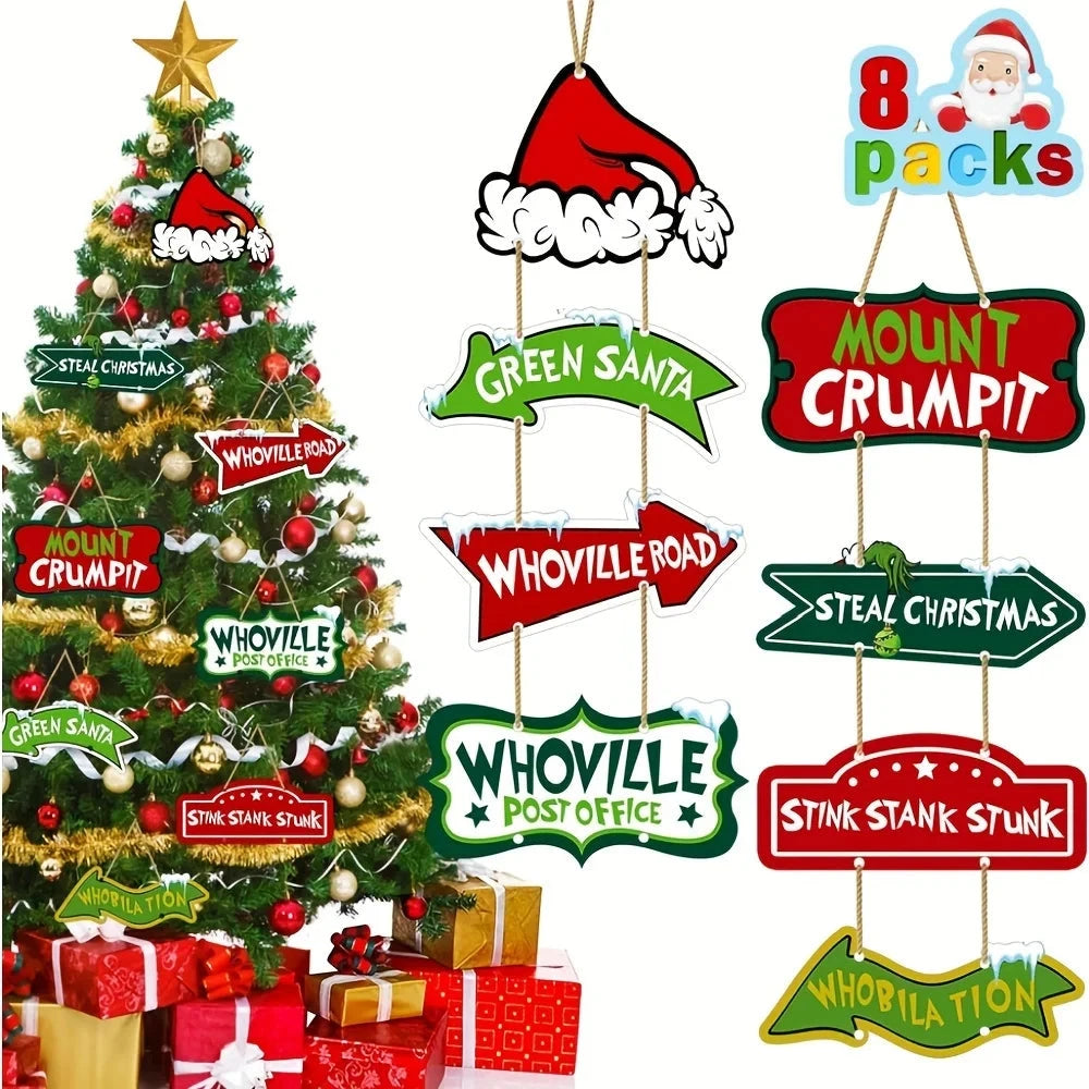 8 Pack Christmas Whoville Tree Decorations,Xmas Large Christmas Crafts Tree Hanging Ornaments Signs for Christmas Welcome to Hom Good Vibrations
