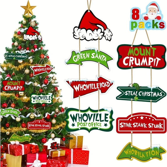 8 Pack Christmas Whoville Tree Decorations,Xmas Large Christmas Crafts Tree Hanging Ornaments Signs for Christmas Welcome to Hom Good Vibrations