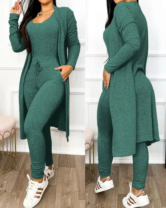 Two Piece Set Women Outfit 2023 Spring Fashion Drawstring Pocket Design U-Neck Sleeveless Skinny Jumpsuit & Long Sleeve Coat Set Good Vibrations
