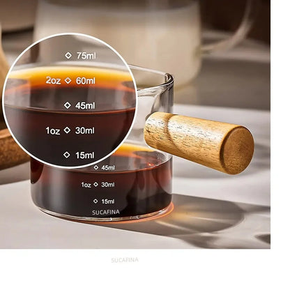 1pc Glass Measuring Cup Wood Handle Glass Espresso Measuring Cup Double Single Mouth Milk Coffee Clear Mug Coffee Supplies Good Vibrations