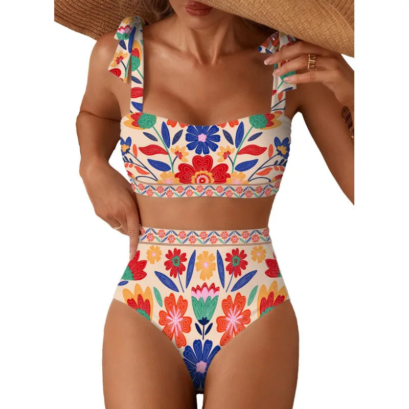 Women's 2026 Two Piece Bikini Set Striped High Waist Tie Shoulder Swimsuit Summer Beachwear Good Vibrations