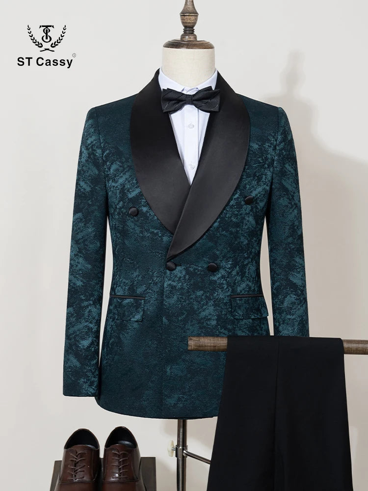 black luxury 2-piece set men suit party shawl collar double breasted business casual suit groom's wedding dress Jacquard pattern Good Vibrations