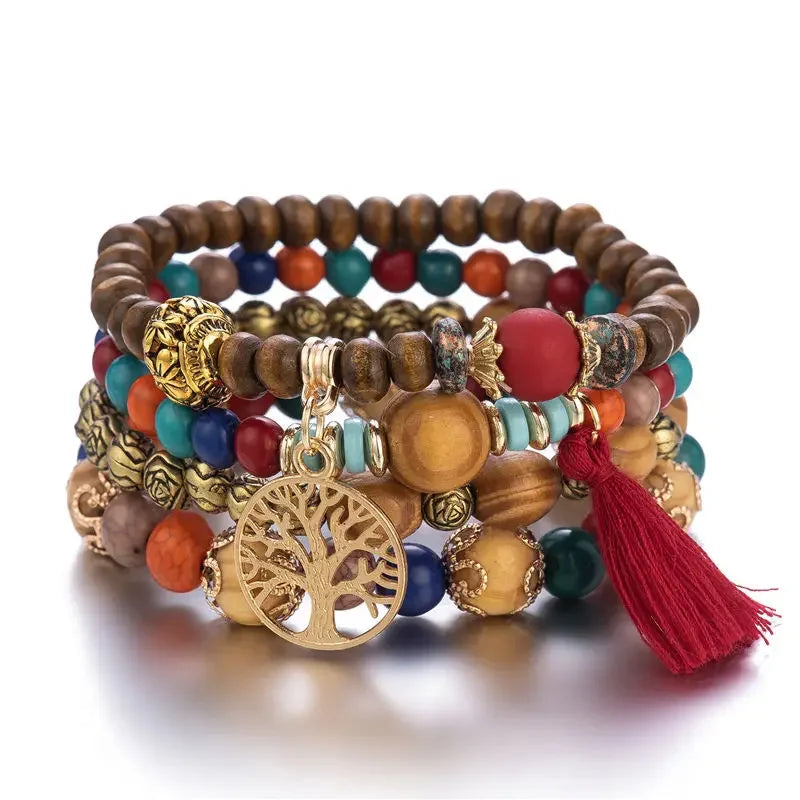4Pcs/Set Boho Wooden Beaded Bracelet Set For Women Tree Of Life White Tassels Charm Elastic Chain Bangle Lady Bohemia Jewelry Good Vibrations