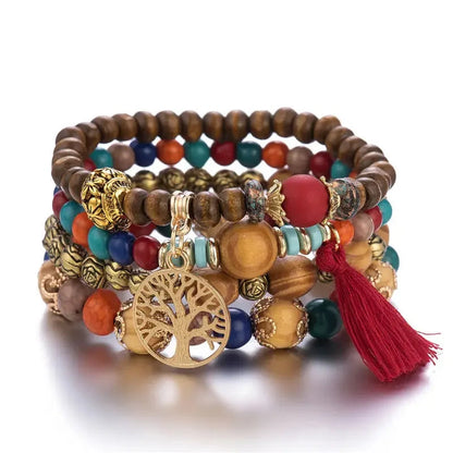 4Pcs/Set Boho Wooden Beaded Bracelet Set For Women Tree Of Life White Tassels Charm Elastic Chain Bangle Lady Bohemia Jewelry Good Vibrations