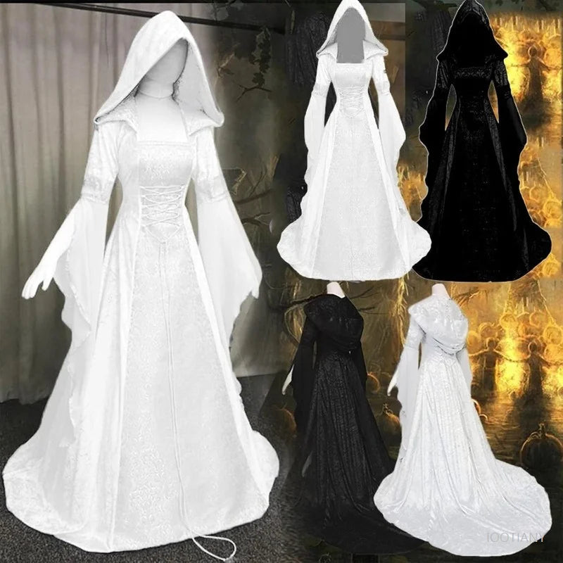 Halloween Women Hooded Gothic Dress Costume Cosplay Medieval Corset Renaissance Victorian Dresses Retro Style Holiday Party Good Vibrations