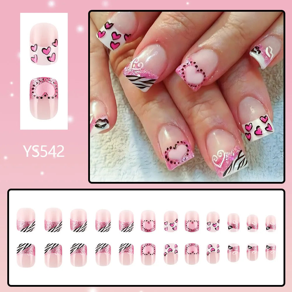 24pcs y2k Black French Press on Nails Short Square Pink Heart Fake Nails Full Cover Wearable Sweet Valentine's Day False Nails Good Vibrations