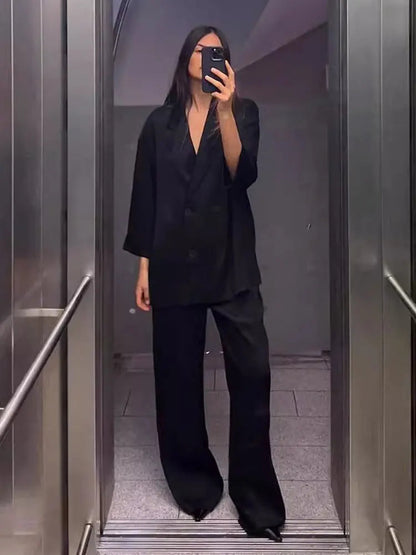 2024 Autumn Women Casual Blazer Coat Pants Set Long Sleeve Double Breasted Blazer + Wide Leg Trousers Lady Office Outfit Good Vibrations