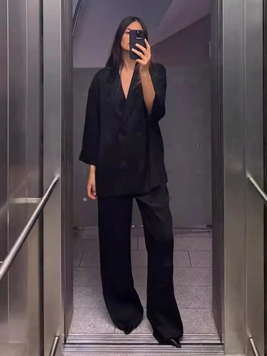2024 Autumn Women Casual Blazer Coat Pants Set Long Sleeve Double Breasted Blazer + Wide Leg Trousers Lady Office Outfit Good Vibrations