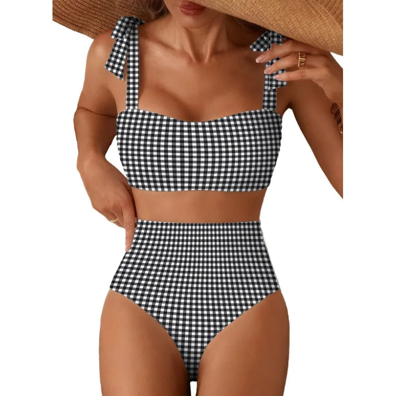 Women's 2026 Two Piece Bikini Set Striped High Waist Tie Shoulder Swimsuit Summer Beachwear Good Vibrations
