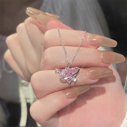 Y2K Pink Planet Heart Zircon Pendant Necklaces Women Fashion Aesthetic Clavicle Chain Necklace Valentines Day Gift Party Jewelry Good Vibrations