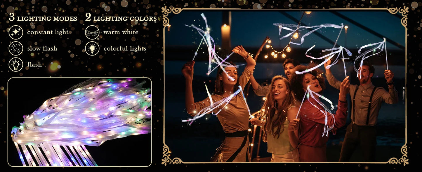 20-60Pcs Light up Wedding Wands LED Ribbon Wands Sparklers with Bells, Wedding Exit Send Off, Dance Floor Props, Wedding Favors Good Vibrations