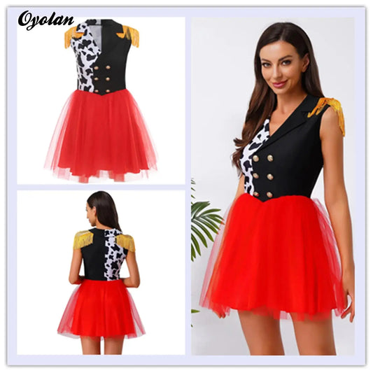 Halloween Clown Cosplay Costumes for Women Killer Circus Ringmaster Clown Dress Notch V Neck Tassel Epaulets Tulle Hem Dresses Good Vibrations