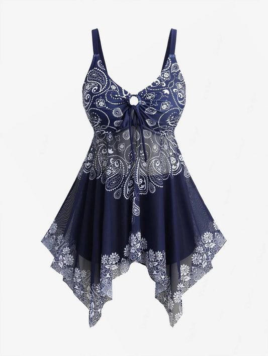 Rosegal Women’s Plus Size Paisley Floral Printed Cinched Ruched Asymmetrical Boyshorts Tankini Swimsuit Good Vibrations