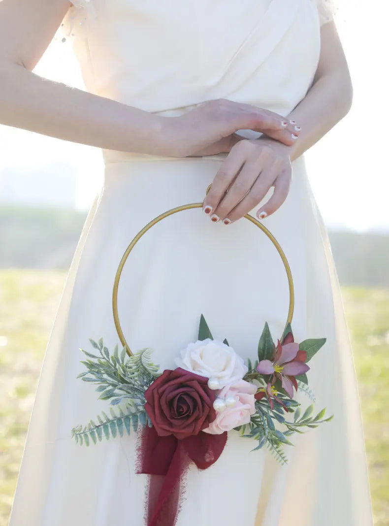 YeeNanee Wedding Gold Hoop Bouquet for Bridesmaids Floral Rose Eucalytpus Metal Ring Wreath Bridal Shower Ceremony Decoration Good Vibrations