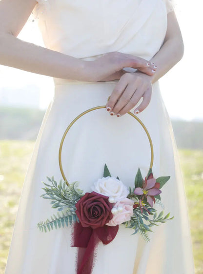 YeeNanee Wedding Gold Hoop Bouquet for Bridesmaids Floral Rose Eucalytpus Metal Ring Wreath Bridal Shower Ceremony Decoration Good Vibrations