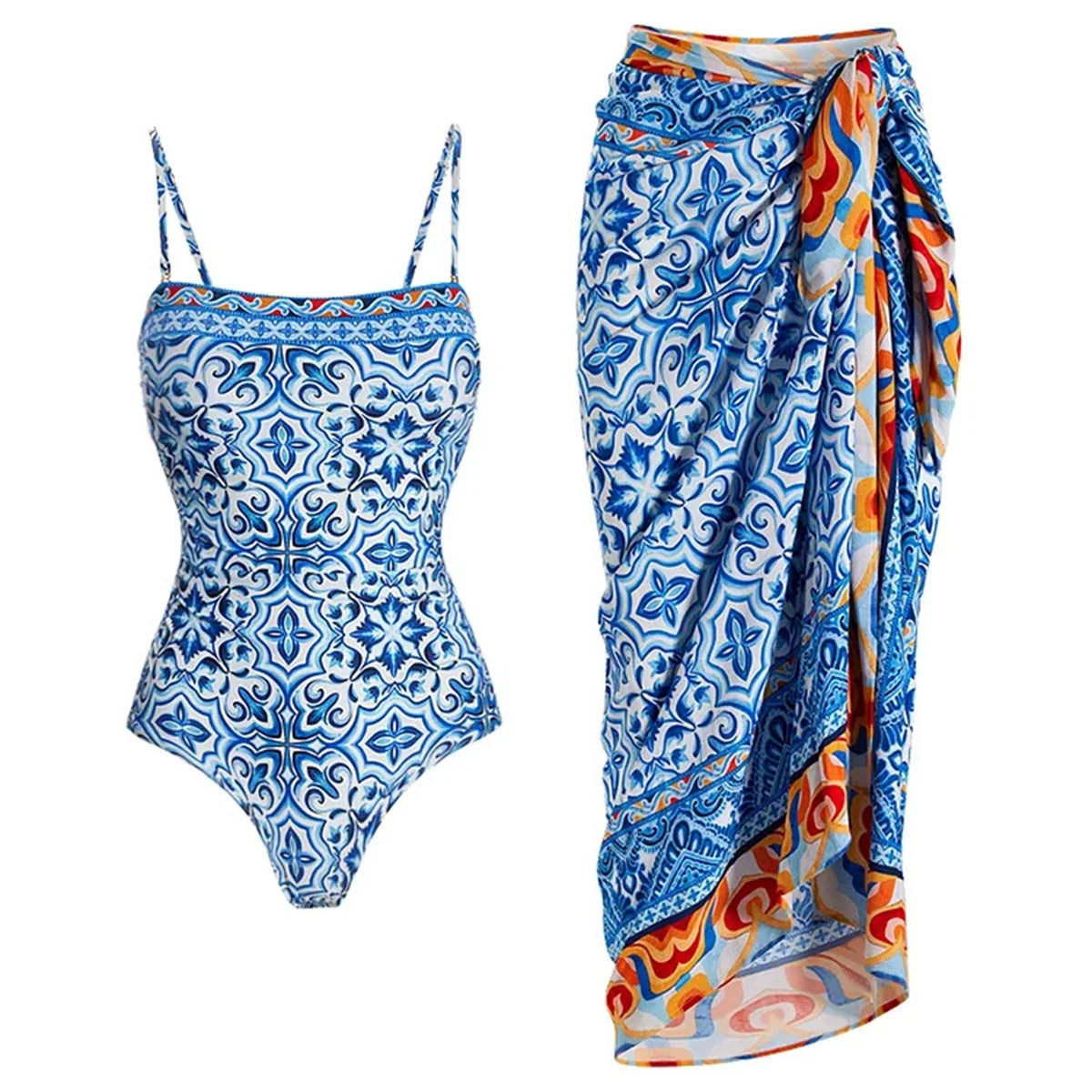 2Pcs Printed Swimsuit Women Sexy Swimwear New Bikini With Long Skirt Female Biquini Push Up Swim Suit Bodysuit Beachwear CoverUp Good Vibrations
