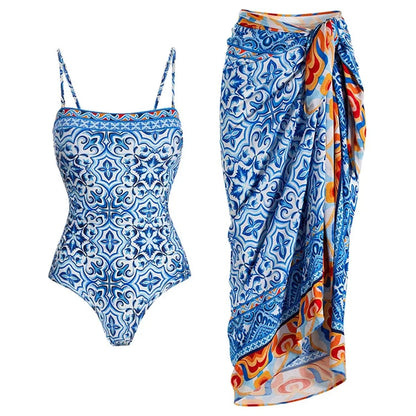 2Pcs Printed Swimsuit Women Sexy Swimwear New Bikini With Long Skirt Female Biquini Push Up Swim Suit Bodysuit Beachwear CoverUp Good Vibrations