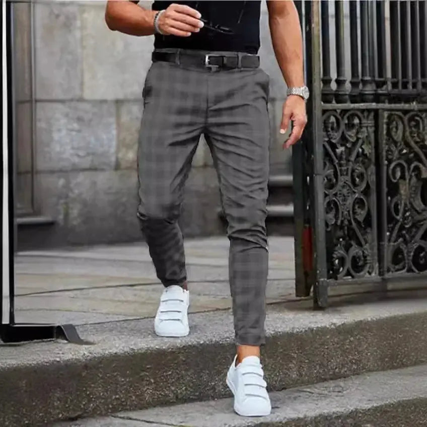 Suit Pant Men Long Pants Plaid Mid Waist Simple Slim Fit Zipper Splice Casual Regular Autumn Winter 2024 Straight Trousers Good Vibrations