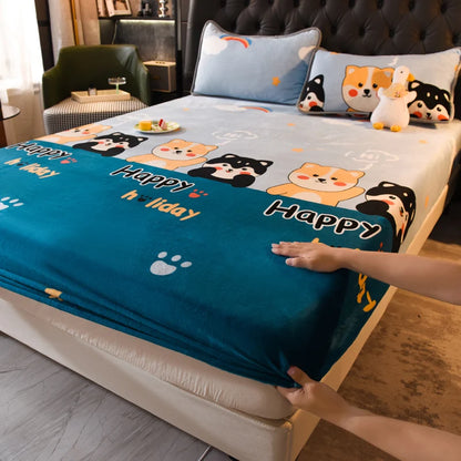 Queen Double Size Bed Sheet Polyester Elastic Fitted Sheet Velvet Soft Flannel Warm Mattress Cover King Full Twin Size Winter