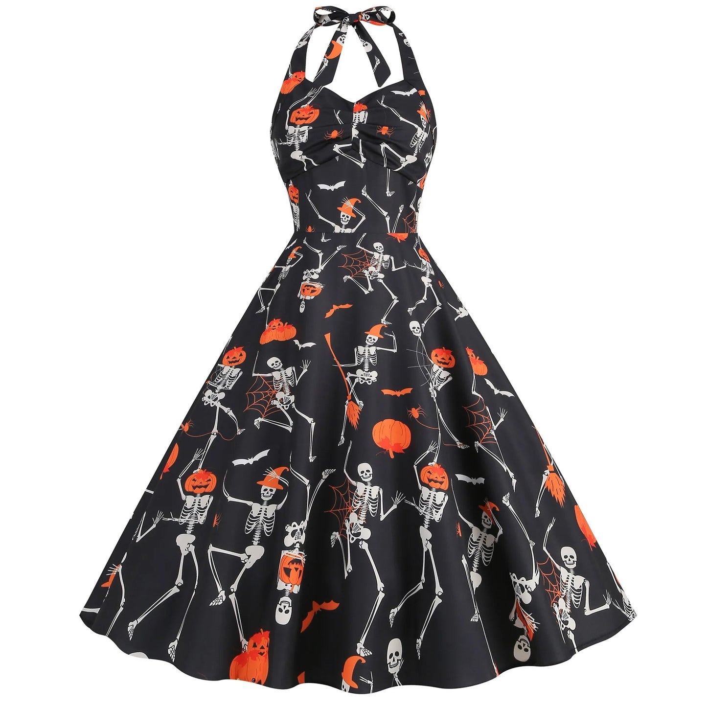 Halloween Costumes for Women Skull Print Halter Dress Sleeveless Tunic Vintage Party Dresses Goth Clothes Masquerade Vestidos Good Vibrations