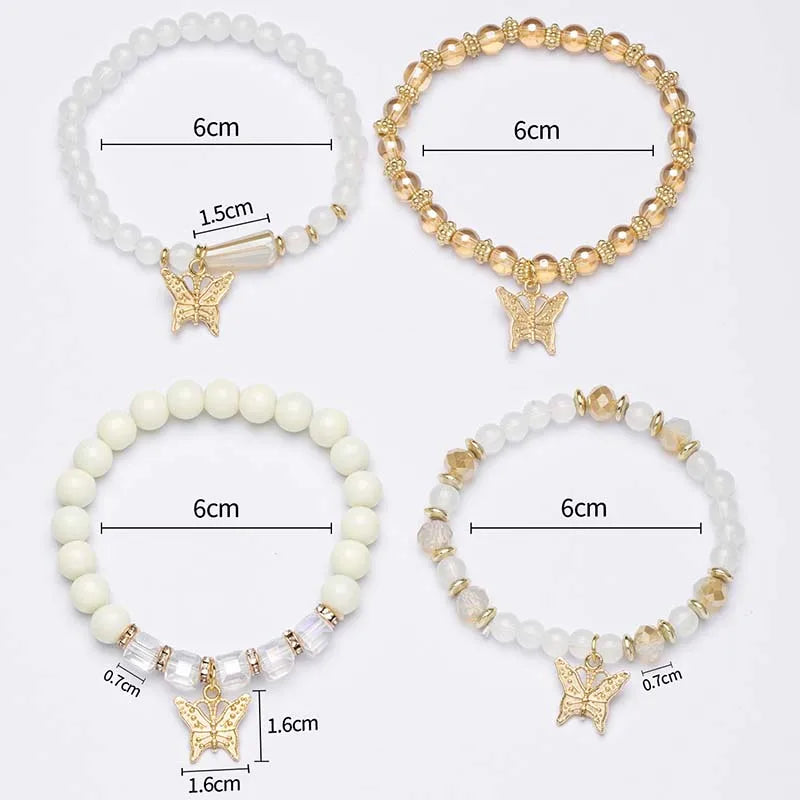 4Pcs Trendy Butterfly Beaded Bracelet Set For Women Pink Acrylic Beads Elastic Chain Bangle Female Bohemian Party Jewelry Gift Good Vibrations