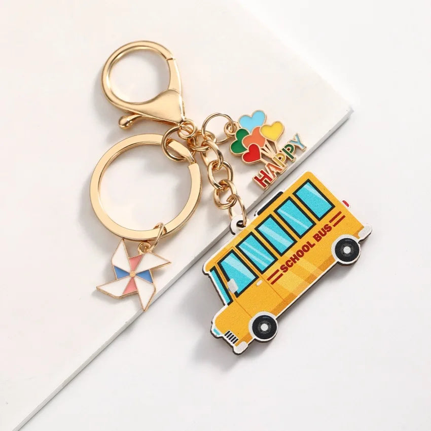 Teachers Day Gift Keychain Graduation Decorations 2025 Bus Book Wood Pendant Bag Charms Tassel Key Chains for Best Friends Gifts Good Vibrations