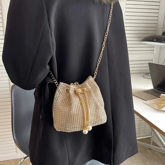 Women's Crossbody Bag with Embellished Cord Strass, Multifunctional Bucket Bag Formal Daily Use Good Vibrations