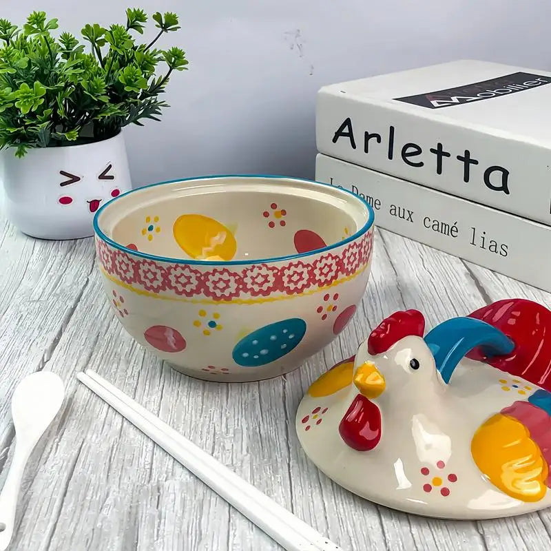 Ceramic Colorful Chicken Shape With lid Bowls Fruit Salad Dessert Soup Instant Noodle Bowl Home Restaurant Kitchen Supplies, 1Pc Good Vibrations