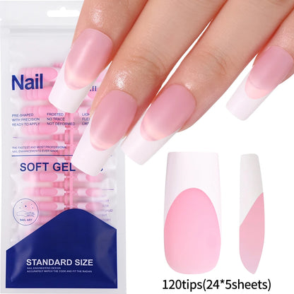 120pcs Pink French Tip Press-On Nails Medium Length Square Shape With Glossy Finish False Nails Full Cover Pre-Shaped Fake Nails Good Vibrations