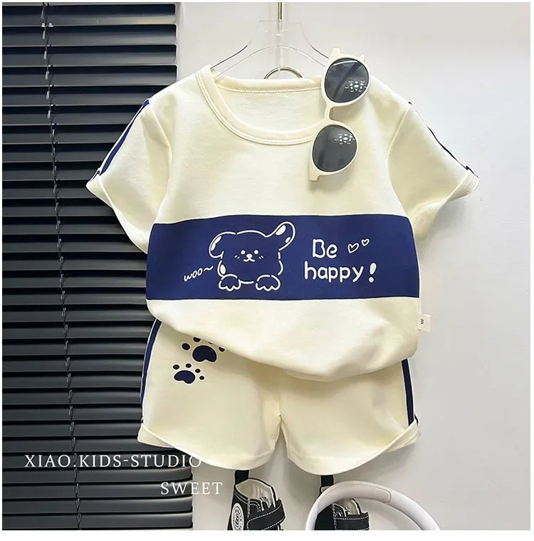 2024 New Kids Short Sleeve Suit Striped Girls Boys Set Summer Tops +short Baby Clothes Children's Wear Good Vibrations