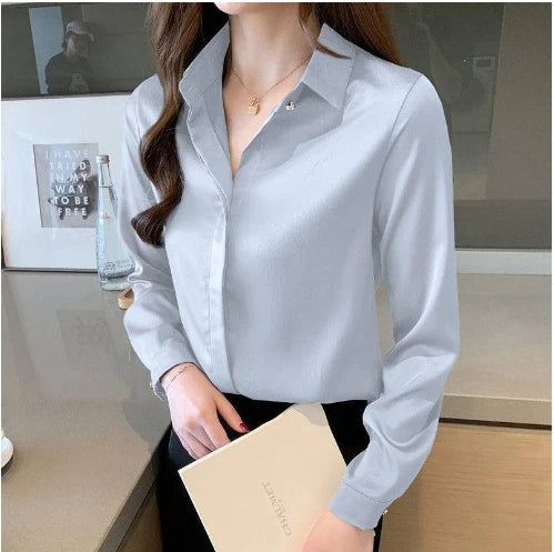 Red Women Shirt New Korean Fashion Women Clothing OL Satin Blouse for Women Long Sleeved Women's Shirt Basic Elegant Women Tops Good Vibrations