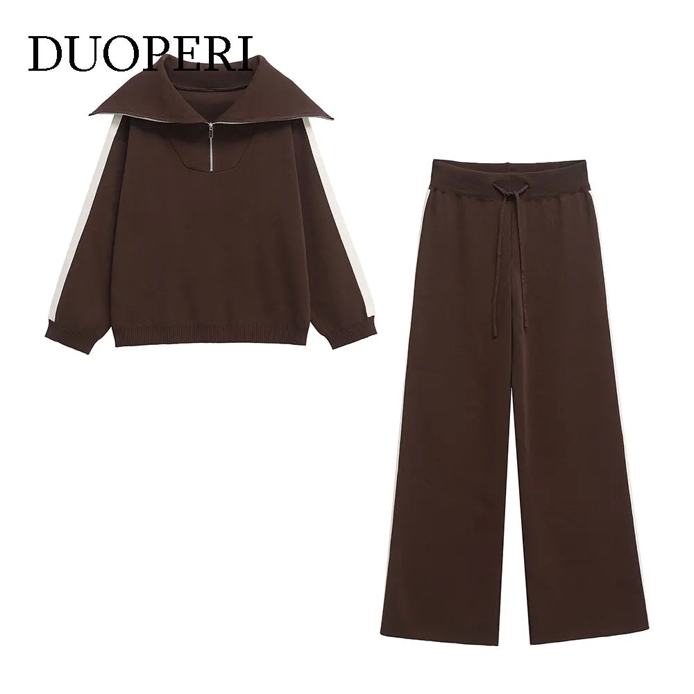 DUOPERI Women Fashion 2 Piece Sets Brown Pullover Sweatshirts & High Elastic Waist Trousers Feamle Chic Lady Pants Set Good Vibrations