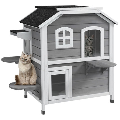 2-Story Grey Wooden Playhouse for Cats Feral Cat Shelter with Openable Asphalt Roof 4 Platforms Escape Door Outdoor Kitten Condo Good Vibrations