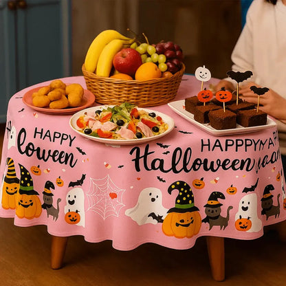 Pumpkin Ghost Pattern Halloween Tablecloth Halloween Theme Plastic Disposable Table Cover Pink Table Runner Table Decoration Good Vibrations