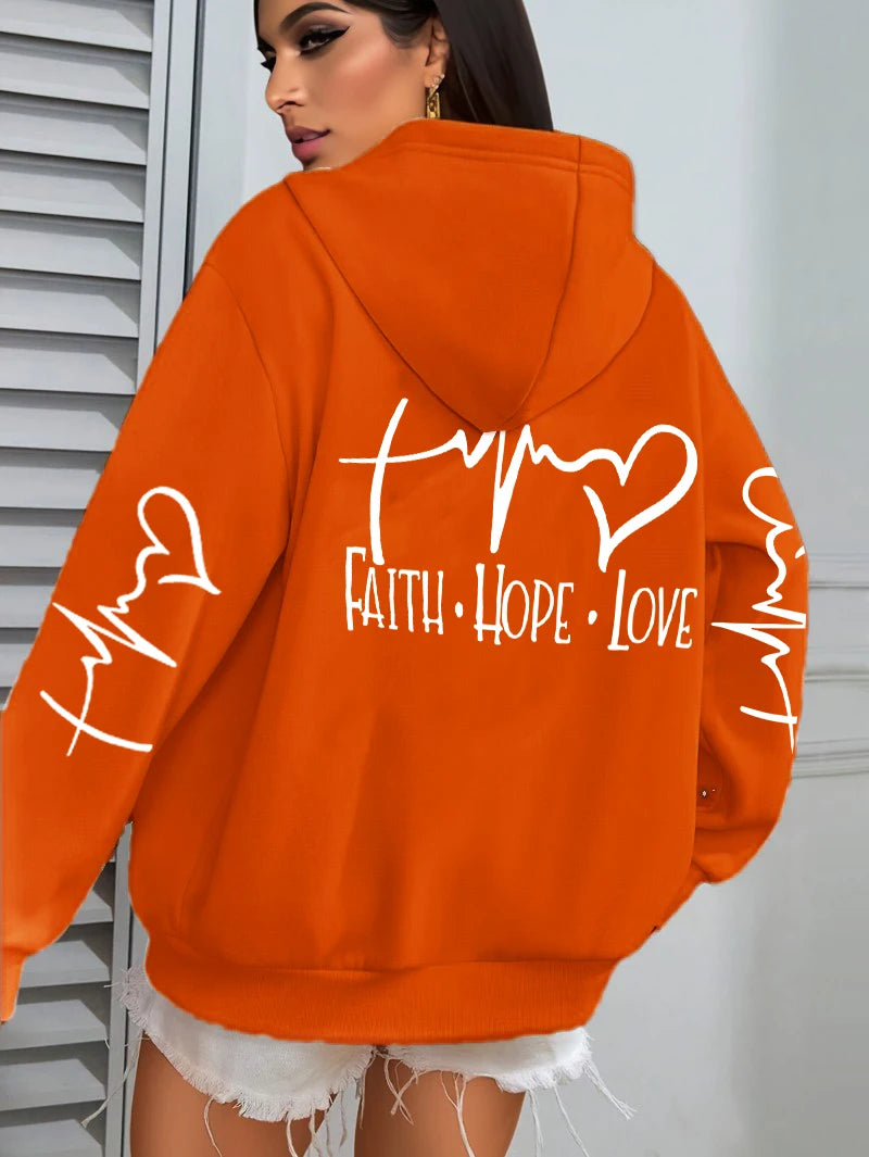 Faith Hope Love Letter Graphic Printed Women Hoodies Fleece Harajuku Hoody Casual Loose Y2K Clothes Pocket Autumn Pullover Good Vibrations