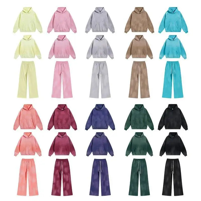IEFB Spring New Trendy Sets Washed Sweatshirt Sweatpants Splash-ink Spray Dye Velvet Hoodies Autumn Male Wear Menwear 9W125 Good Vibrations