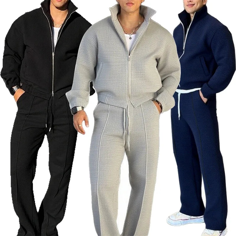 Fall Men's Fashionable Sporty Casual Suit - High-Quality Stand-Up Collar Solid-Color Pullover with Zipper, Drawstring Pants Good Vibrations