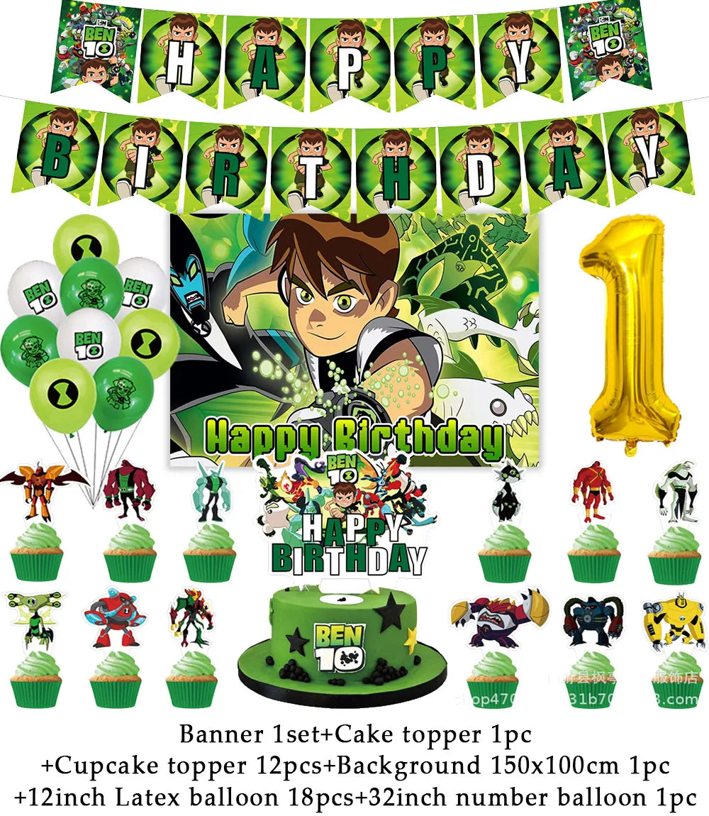 Cartoon Ben-10 Birthday Party Decoration Balloons Favor Set Banner Cake Toppers Baby Shower Boys Gift Party Supplies Photo Prop Good Vibrations