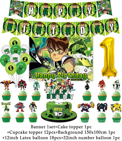 Cartoon Ben-10 Birthday Party Decoration Balloons Favor Set Banner Cake Toppers Baby Shower Boys Gift Party Supplies Photo Prop Good Vibrations